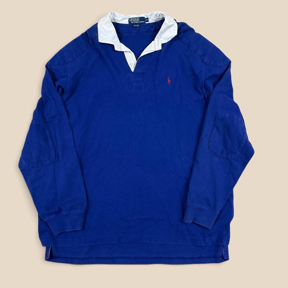 Vintage Polo Ralph Lauren Rugby Shirt Mens XL Blue Long Sleeve Elbow Patch Pony